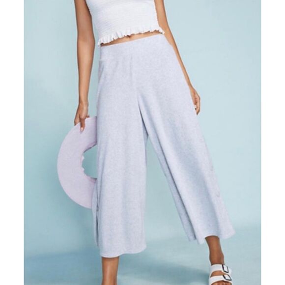 SATURDAY SUNDAY Light Gray Terry Pants Sz Large Button Wide Leg Anthropologie - Picture 1 of 9